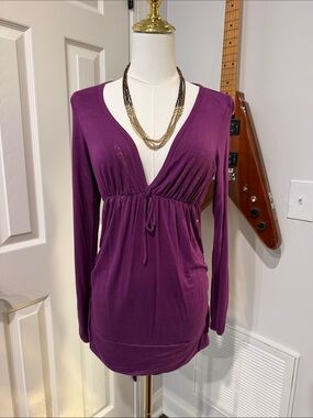 Plum V-Neck Long Sleeve Drawstring Tunic
